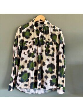 Kenzo Paris Men's Button Down Green Animal Print Cotton Leopard Shirt 38/15 SLIM